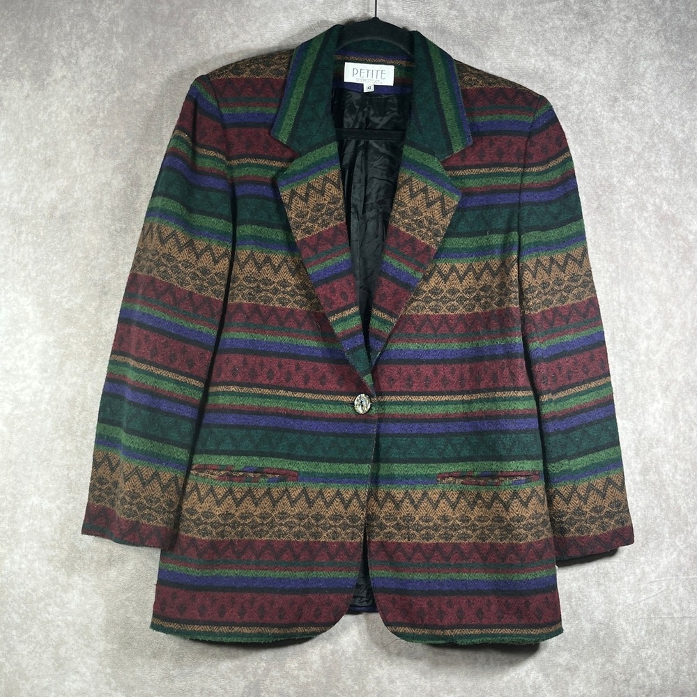Vintage Petite Sophisticate Blazer Jacket Women 10 Stripe Aztec Southwestern USA